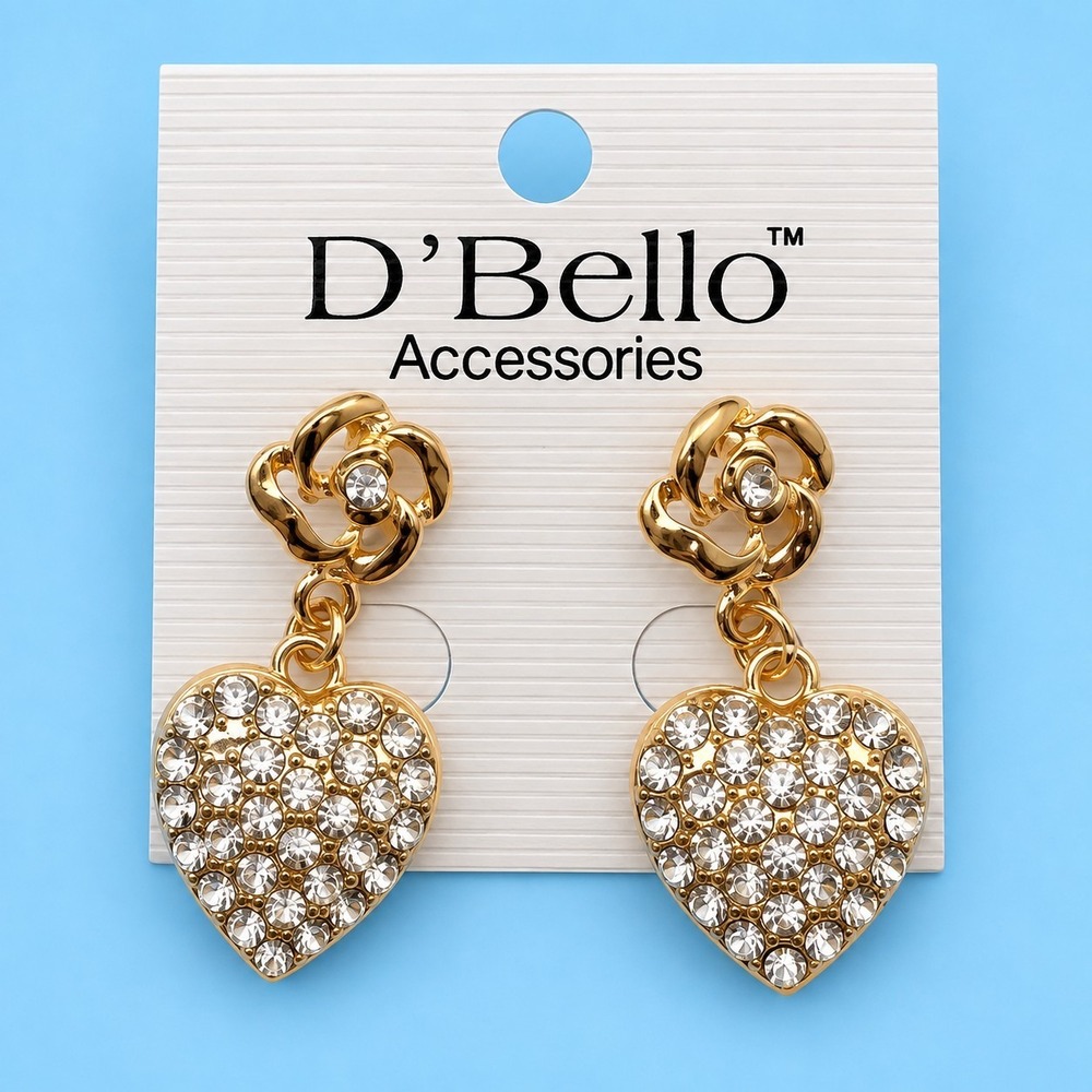 D'Bello Gold Tone Rhinestone Heart Dangle Drop Earrings Pierced NWT -2875